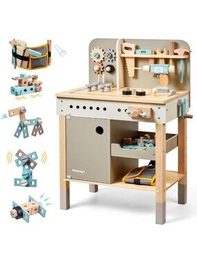 Wooden Kids Tool Bench Set with Pretend Play Tools, Tool Belt & Drill - Ages